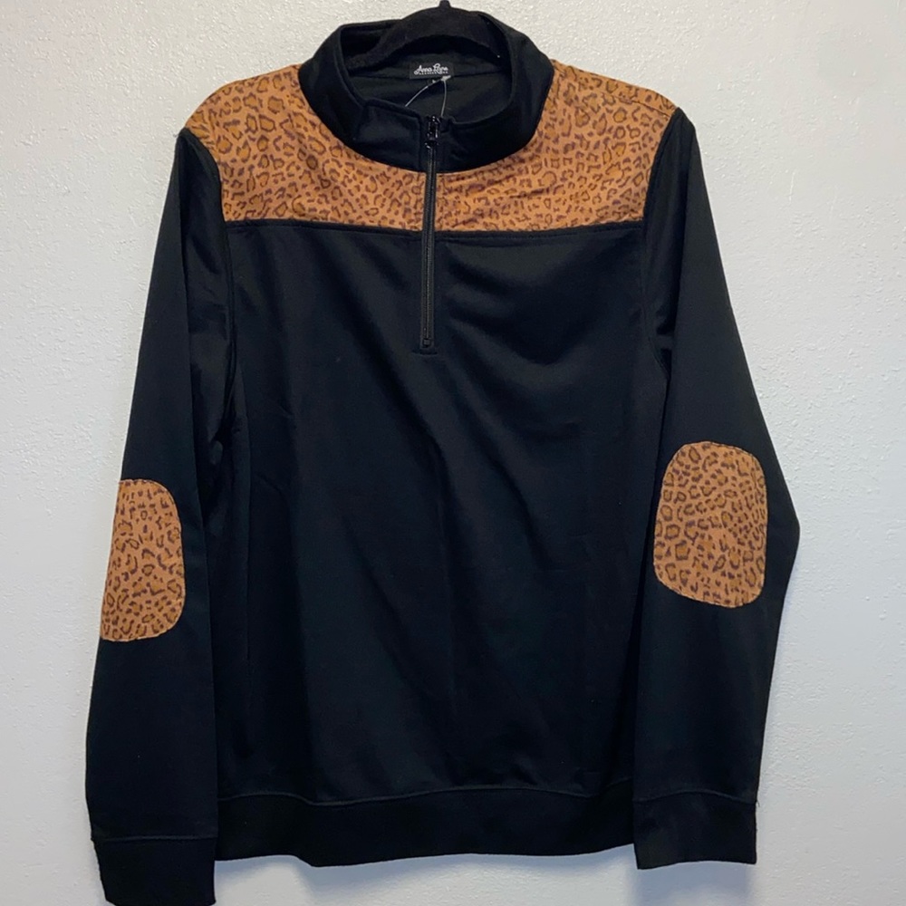 Anna Lane NWT Black Animal Print Patched Sleeves 1/4 zip Jacket 3032